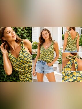 Buru yellow tulip v neck tie strap tank top shirt NWT $88